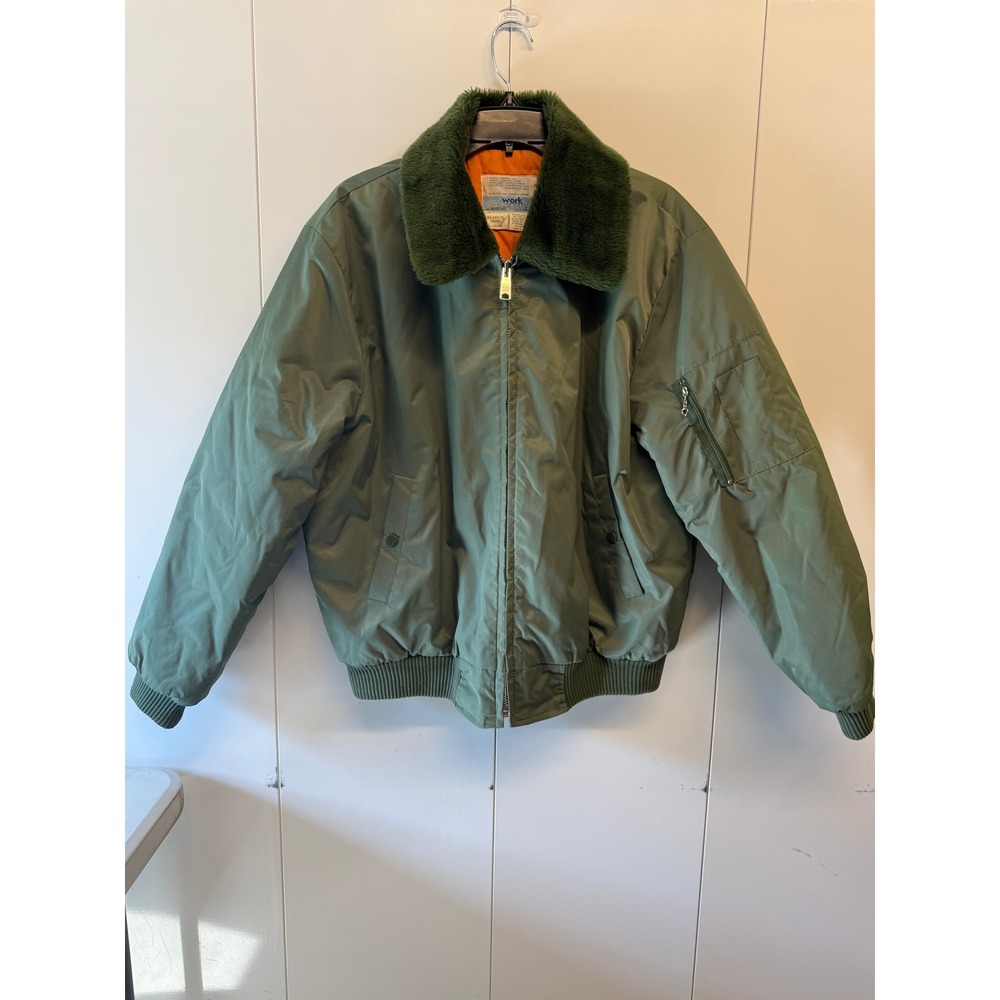 Vintage Sears Work Leisure Bomber Jacket Green Fur Collar Flight Large 42-44